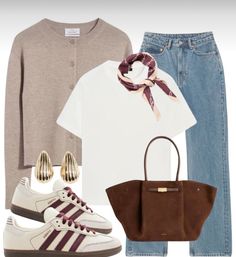 High Straight Jeans, Straight Jeans Outfit, Trainers Outfit, Burgundy Outfit, Suede Tote Bag, Fall Transition Outfits, Classic Style Outfits, Satin Scarf, Suede Tote