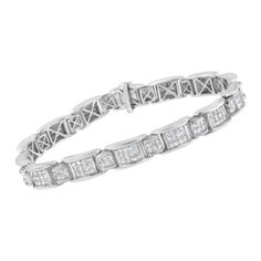 Elegant and timeless, this gorgeous 14K white gold alternating station tennis bracelet features 5.0 carat total weight of invisible set, princess cut diamonds with a whopping 252 stones in all. The tennis bracelet features alternating small and large hinged rectangular links inset with rows of square diamonds. The 7Ã¢â‚¬Â bracelet fastens with a box with tongue clasp. This authentic design is crafted of real 14 karat gold, a precious metal that will keep a tarnish-free shine for years to come. Bracelet Tennis, Princess Cut Gold, Square Diamond, Tennis Bracelet Diamond, White Gold Band, Princess Cut Diamonds, Tennis Bracelet, Princess Cut, White Gold Diamonds