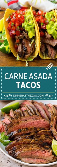 carne asada tacos with avocado and salsa on the side, along with lime wedges