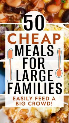 the words 50 cheap meals for large families are overlaid by pictures of different foods