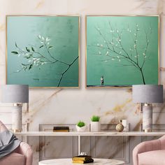 there are two paintings on the wall in this living room, one is green and the other is pink