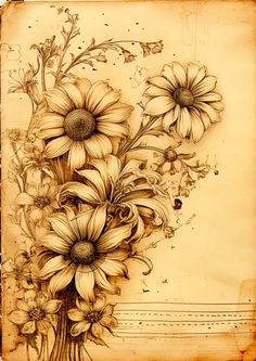 a drawing of some flowers on a piece of paper with watermarking and ink