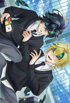 two anime characters in suits and ties, one holding his head while the other is looking at