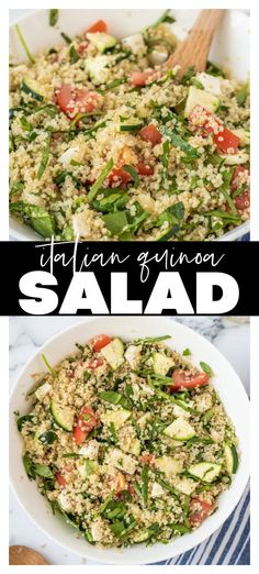 two pictures with different types of food in them and the words, italian quinoa salad