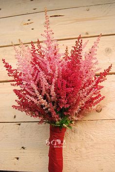 a red vase filled with pink flowers on top of a table