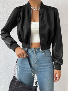 Negro Casual Collar manga larga Tela Liso Bómber Embellished No-Elástico  Ropa de Exterior para Mujer Outfit Zapatillas, Vintage Clothing Styles, Campus Outfit, Tight Dress Outfit, High Waisted Mom Jeans, Basic Jackets, Teenage Fashion Outfits, Inspiration Mode