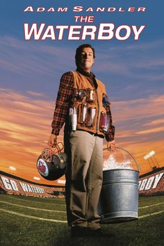 the waterboy movie poster with a man holding two buckets and a football helmet