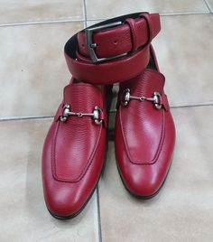 Classic Handmade Maroon Horsebit Loafers Moccasin Formal Dress Shoes with Matching Belt on Storenvy Leather Shoes Men Formal, Mens Sandals Fashion, Formal Dress Shoes, Horsebit Loafers, Quality Leather Boots, Butterfly Shoes, Leather Formal Shoes, Custom Design Shoes, Bespoke Shoes