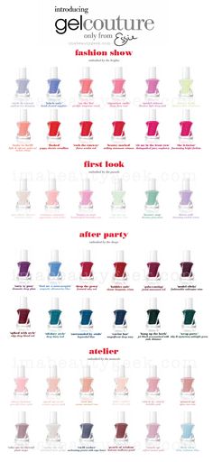 ESSIE GEL COUTURE LAUNCH COLLECTION: ALL 42 SWATCHES & REVIEW - Beautygeeks Essie Gel Couture Swatches, Essie Colors, Pallas Couture, Givenchy Couture, Essie Gel Couture, Dress Couture, Elie Saab Couture, Gel Couture