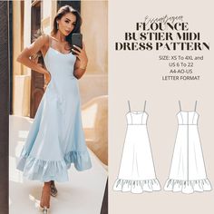 Flounce Midi Dress Pattern, Circular Skirt Pattern For Women, Easy Wedding Midi Dress Sewing Pattern, Summer Dress Pattern XS-4XL The flounce bustier dress offers elegance and elegance together. It provides both a classic and modern look with its fitted bodice and flared skirt. The ruffle details on the hem add a romantic and feminine touch to the dress. This dress, which will reflect your style in the best way in every situation from your daily life to special invitations, will be an indispensable part of your wardrobe. Add this dress to your basket to attract attention with your elegance and feel special! US Bodies: 6, 8, 10, 12, 14, 16, 18, 20, 22 Standard Sizes: XS,S,M,L,XL,2XL,3XL,4XL Paper Sizes: Our molds are suitable for paper sizes A4, A0 and US Letter, so you can print in your pr Dress Skirt Patterns Sewing, Lace Up Dress Pattern, Cute Dress Pattern, Easy Sewing Clothes, Circular Skirt Pattern, Midi Dress Sewing Pattern, Sewing Patterns Dress, Wedding Midi Dress, Pattern Summer Dress