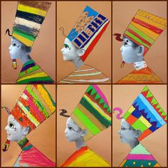 four different pictures of the same woman's head with colorful hats on her head