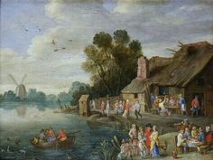 an old painting with people on the water