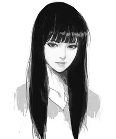 a black and white drawing of a girl with long hair