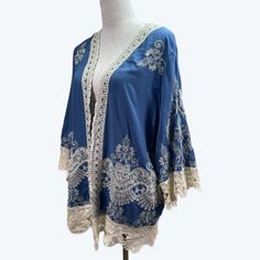 Solitaire New Rayon Embroidered Crocheted Lace Kimono Top Size L Blue Blue Floral Embroidered Kimono For Spring, Blue Long Sleeve Kimono With Floral Embroidery, Bohemian Blue Kimono With Floral Embroidery, Blue Bohemian Kimono With Floral Embroidery, Blue Embroidered Kimono For The Beach, Crocheted Lace, Lace Kimono, Crochet Lace, Kimono Top