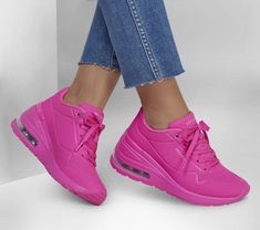 Boost your look with eye-catching style in Skechers Street Million Air - Elevat-Air. This lace-up wedge fashion sneaker features a neon synthetic durabuck upper with a Skechers Air-Cooled Memory Foam and a visible Skech-Air midsole. | Skechers Women's Million Air - Elevat-Air Sneaker Morning Gif, Wedges Style, Lace Up Wedges, Fall Fashion Outfits, Wedge Sneaker, Pink Fashion