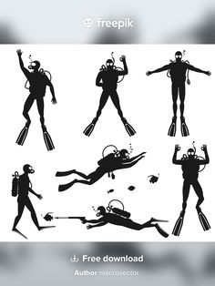 the silhouettes of scuba divers in different poses