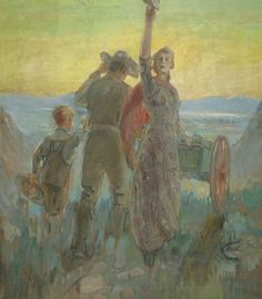 a painting of two men and a woman raising their arms in the air, while another man looks on