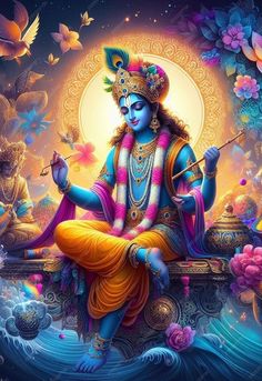 the hindu god sitting on top of a boat surrounded by flowers and butterflies