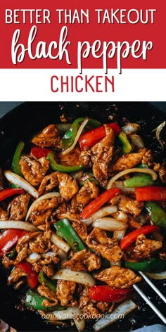 chicken and peppers being cooked in a skillet with the words, better than takeout black