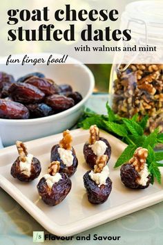 an advertisement for goat cheese stuffed dates with walnuts and mint