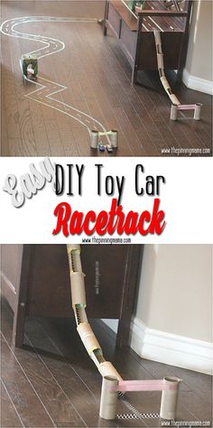 the diy toy car race track has been made from cardboard and is on the floor