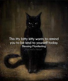 a black cat sitting on top of a floor next to a quote from rachel heart