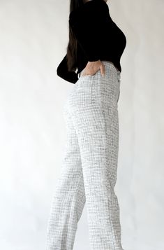 Tweed High Waisted Pant. Tweed Material. Model wears a size small. Fits true to size. Tweed Material, Tweed Pants, British Indian, High Waisted Pants, Set Dress, Lounge Wear, High Waisted, Pants, How To Wear