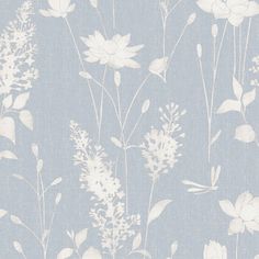 a blue and white floral wallpaper with small flowers on the left side of it