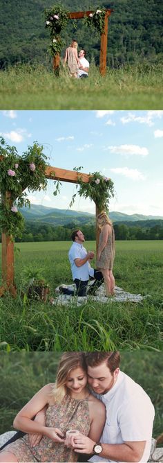 two people are sitting on a bench in the grass