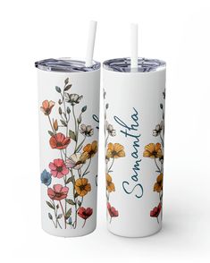 two white tumblers with colorful flowers and the words, happy mother's day