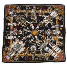 Hermès black and brown silk twill Kachinas scarf designed by Kermit Oliver. Hand-rolled edges. Doll Scarf, Black Silk Scarf, Black Indians, California Pottery, Hermes Scarf, Black Scarf, Brown Silk, Black Doll, Scarf Design