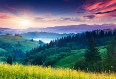 the sun shines brightly over mountains and valleys in this beautiful valley with green grass