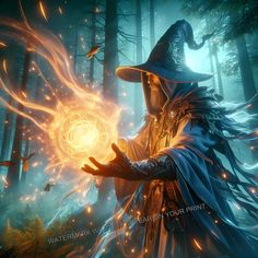 a wizard holding a glowing ball in his hand with fire coming out of its hands