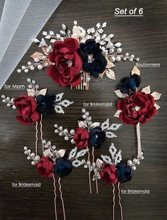 three red, white and blue flower hair combs on a table with text describing the different types of flowers