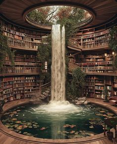 a waterfall in the middle of a library filled with lots of bookshelves and water