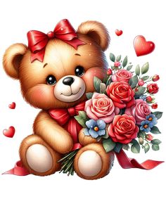 a brown teddy bear holding a bouquet of roses