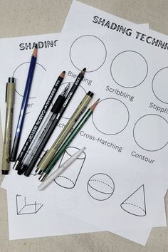 several pencils and markers on top of a sheet of paper that says shading techniques