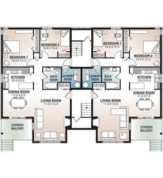 the floor plan for an apartment building with three levels and four bedroom, two bathrooms