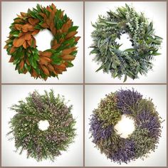 four different types of wreaths with leaves and flowers