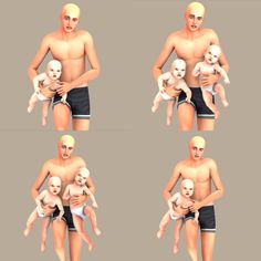 four different poses of a man holding two babys and one adult with no shirt