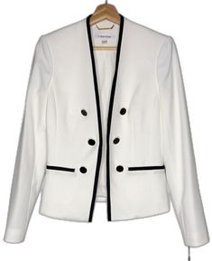 Elegant Long Sleeve Calvin Klein Blazer, Elegant Calvin Klein Blazer For Career, Elegant Calvin Klein Career Blazer, Chic Calvin Klein Formal Blazer, Chic Calvin Klein Blazer For Office, Chic Calvin Klein Office Blazer, White Long Sleeve Blazer For Career, Elegant Calvin Klein Winter Blazer, Calvin Klein Elegant Spring Blazer