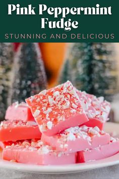 pink peppermint fudge on a white plate