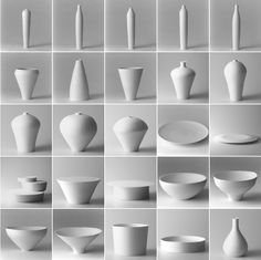 many white vases and bowls are shown in black and white