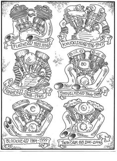 an old motorcycle engine diagram with the names and numbers on each side, as well as other