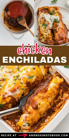 chicken enchiladas in a white casserole dish with text overlay