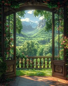 an open window with mountains in the background and greenery on either side that overlooks a lush green valley