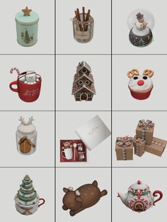 many different types of christmas items are shown in this image, including gifts and decorations