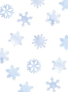 snowflakes are flying in the air on a white background with blue watercolors