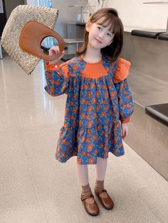 Blue Cute Collar Long Sleeve Fabric Floral,All Over Print Smock Embellished Slight Stretch Spring/Fall Young Girls Clothing Princess Dress Kids, Stylish Short Dresses, Beautiful Pakistani Dresses, Blue Cute, Frocks For Girls