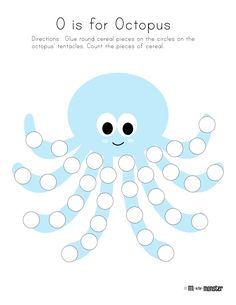 a blue octopus with white dots on it's face and the words o is for octopus